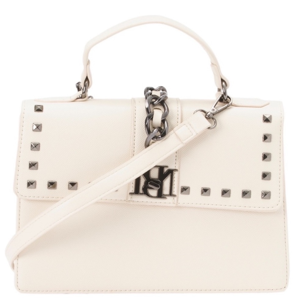 BADGLEY MISCHKA Vegan Leather Crossbody Bag Half Flap w/Chain, Studs, Off White